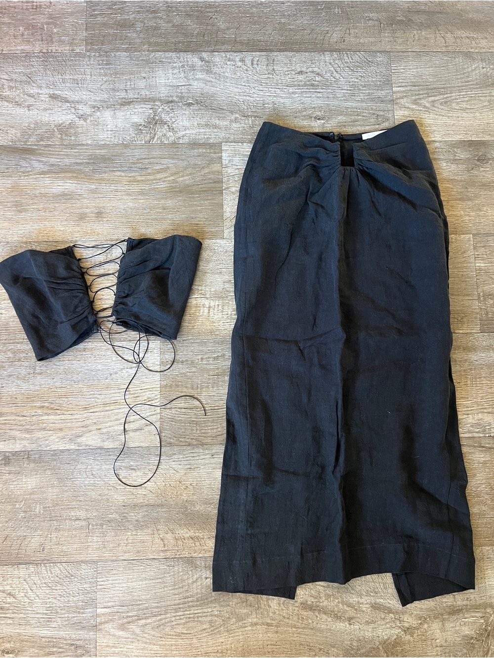 Natalie Rolt Black Lace Up Linen Crop Top and Cutout Skirt